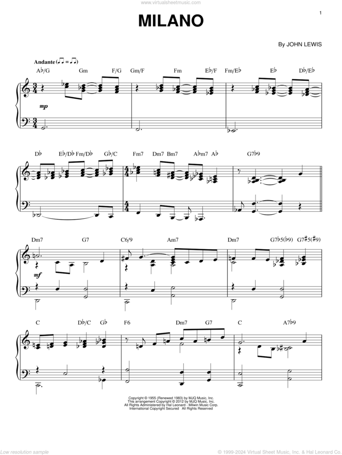 Milano (arr. Brent Edstrom) sheet music for piano solo by Modern Jazz Quartet and John Lewis, intermediate skill level