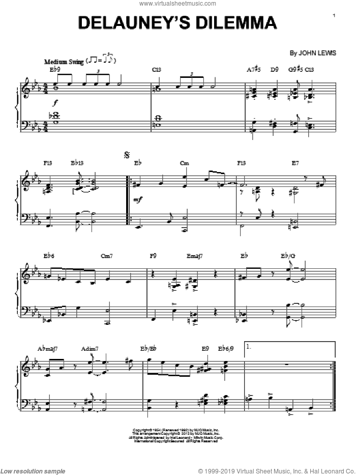 Delauney's Dilemma (arr. Brent Edstrom) sheet music for piano solo by Modern Jazz Quartet and John Lewis, intermediate skill level
