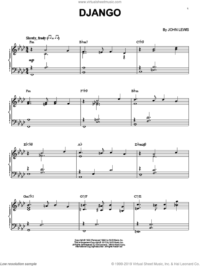 Django (arr. Brent Edstrom) sheet music for piano solo by Modern Jazz Quartet and John Lewis, intermediate skill level