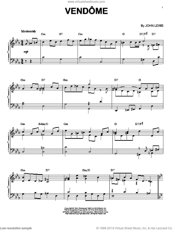 Vendome (arr. Brent Edstrom) sheet music for piano solo by Modern Jazz Quartet and John Lewis, intermediate skill level