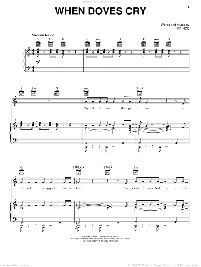 When Doves Cry sheet music for voice, piano or guitar by Prince and Prince & The Revolution, intermediate skill level