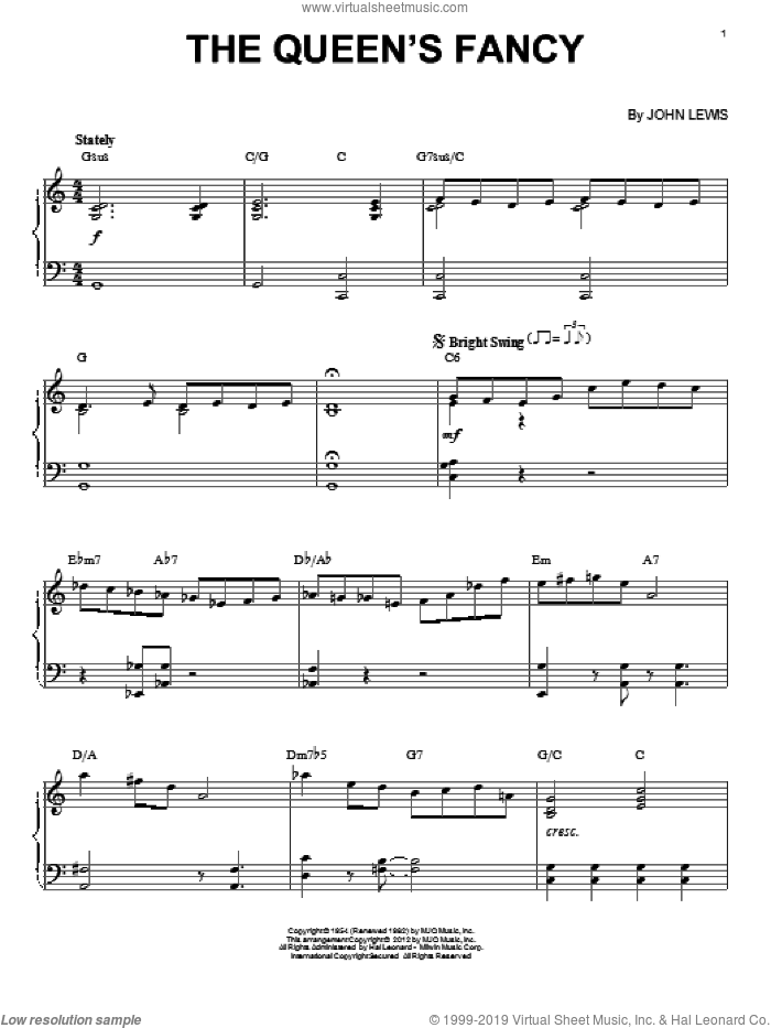 The Queen's Fancy (arr. Brent Edstrom) sheet music for piano solo by Modern Jazz Quartet and John Lewis, intermediate skill level