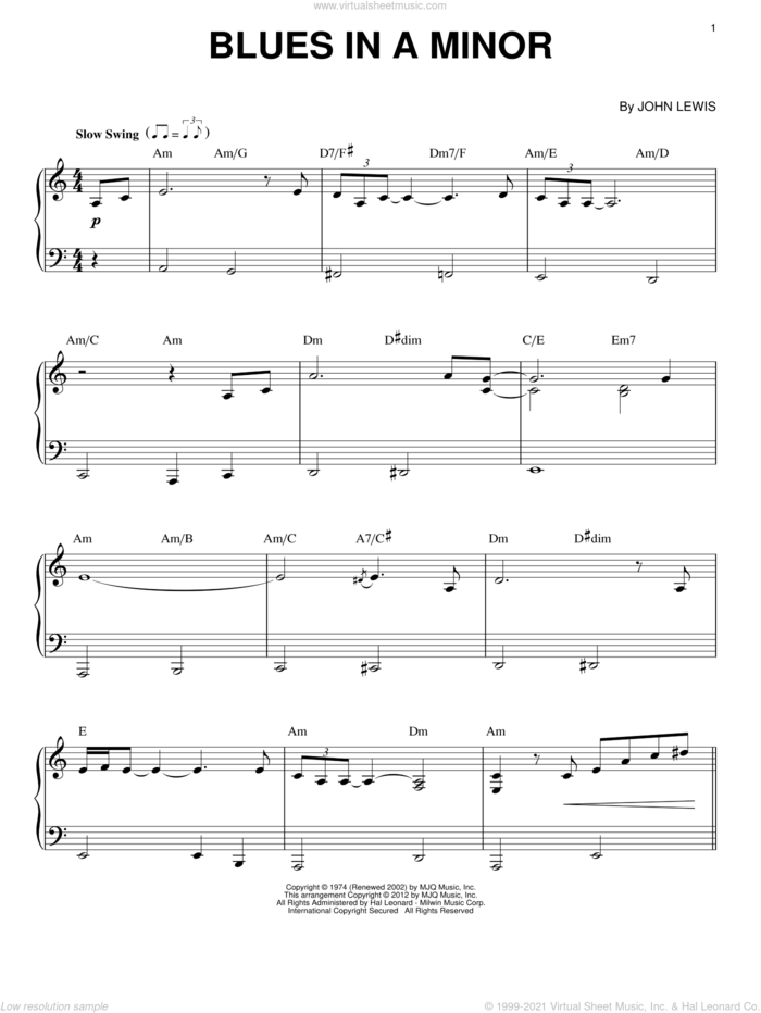 Blues In A Minor (arr. Brent Edstrom) sheet music for piano solo by Modern Jazz Quartet and John Lewis, intermediate skill level