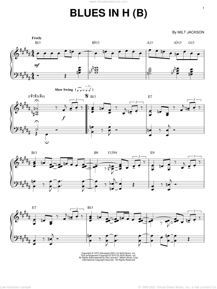 Blues In H (B) (arr. Brent Edstrom) sheet music for piano solo by Modern Jazz Quartet and Milt Jackson, intermediate skill level