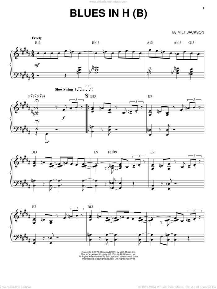 Blues In H (B) (arr. Brent Edstrom) sheet music for piano solo by Modern Jazz Quartet and Milt Jackson, intermediate skill level