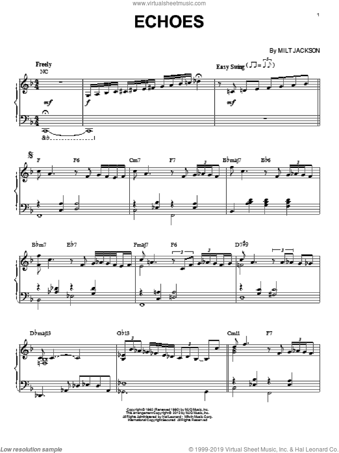 Echoes (arr. Brent Edstrom) sheet music for piano solo by Modern Jazz Quartet and Milt Jackson, intermediate skill level