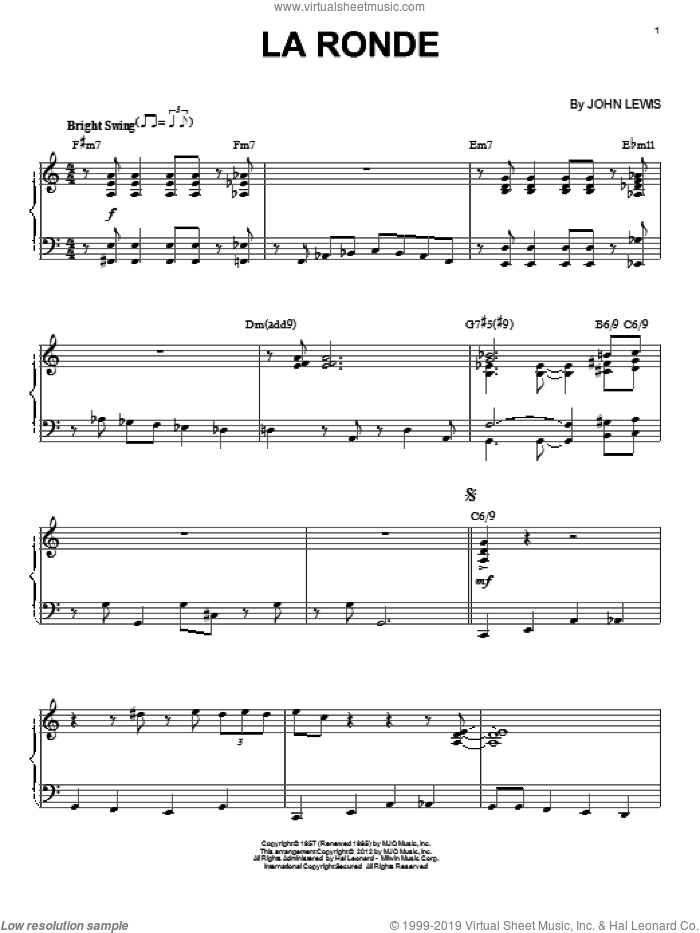 La Ronde (arr. Brent Edstrom) sheet music for piano solo by Modern Jazz Quartet and John Lewis, intermediate skill level