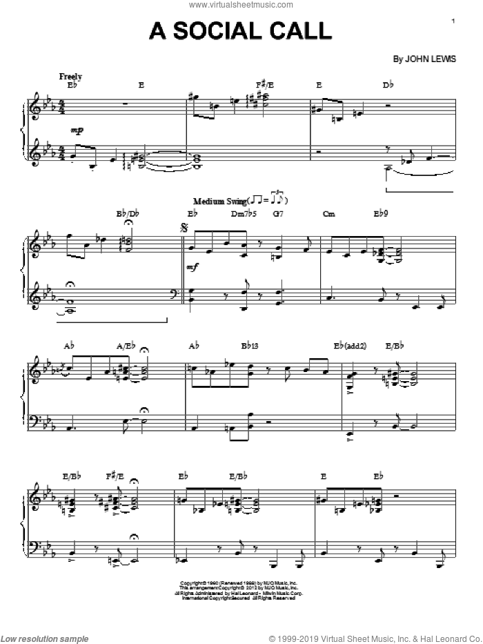 A Social Call (arr. Brent Edstrom) sheet music for piano solo by Modern Jazz Quartet and John Lewis, intermediate skill level