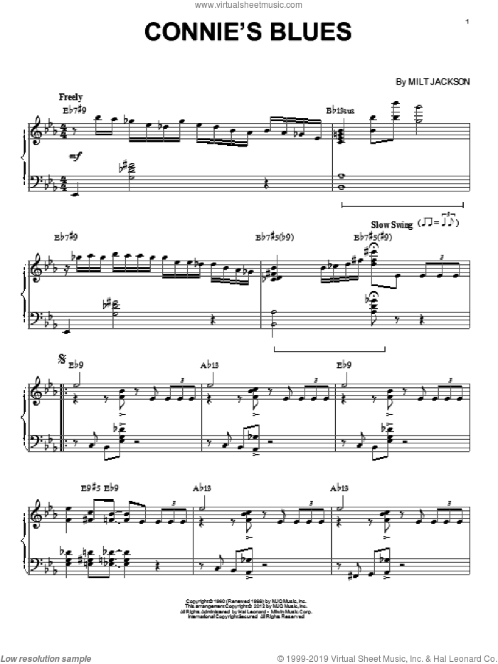 Connie's Blues (arr. Brent Edstrom) sheet music for piano solo by Modern Jazz Quartet and Milt Jackson, intermediate skill level
