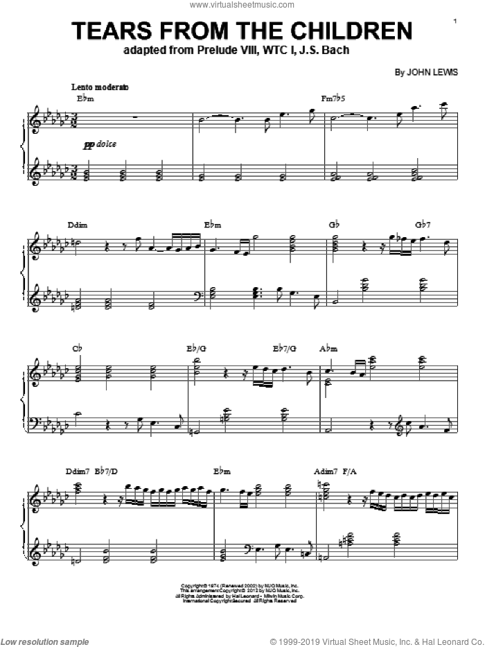 Tears From The Children (arr. Brent Edstrom) sheet music for piano solo by Modern Jazz Quartet and John Lewis, intermediate skill level