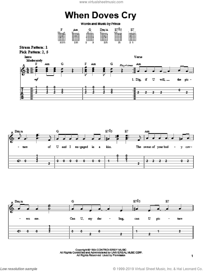 When Doves Cry sheet music for guitar solo (easy tablature) by Prince and Prince & The Revolution, easy guitar (easy tablature)
