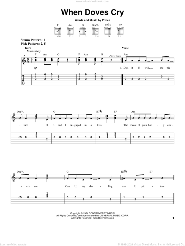 When Doves Cry sheet music for guitar solo (easy tablature) by Prince and Prince & The Revolution, easy guitar (easy tablature)