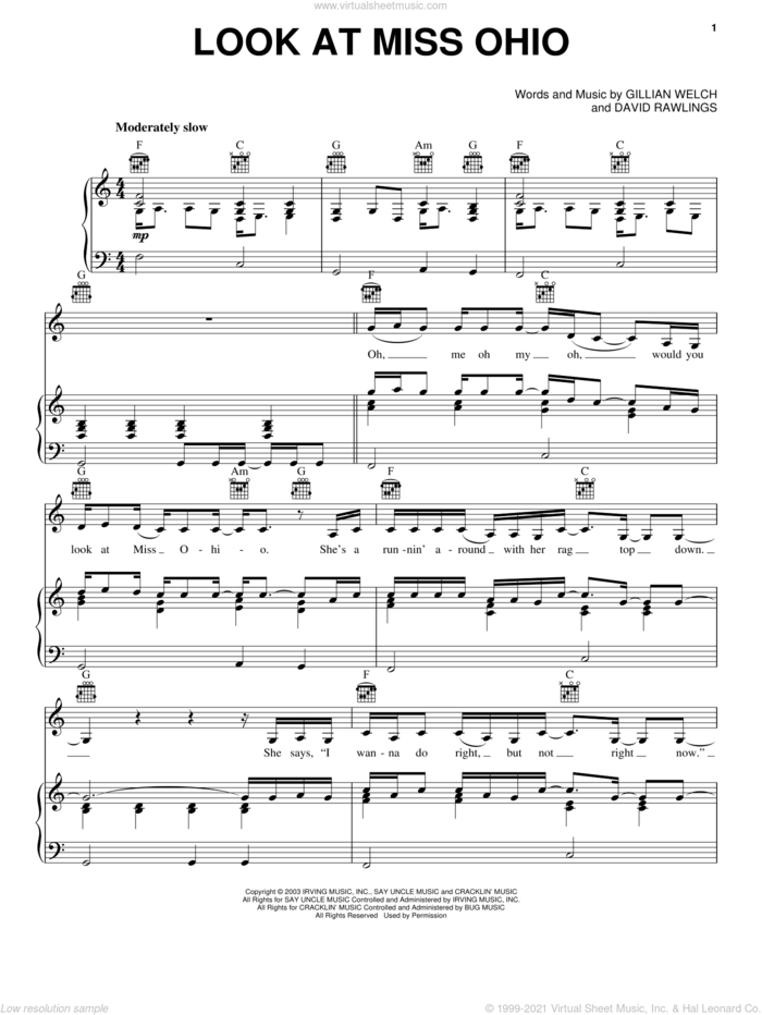 Look At Miss Ohio sheet music for voice, piano or guitar by Miranda Lambert, David Rawlings and Gillian Welch, intermediate skill level