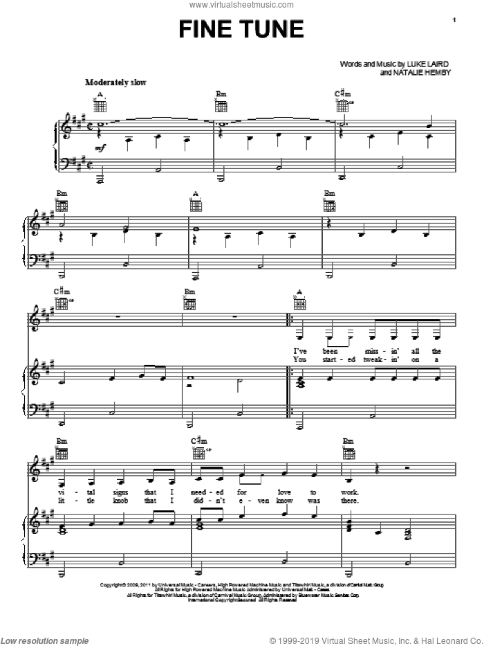 Fine Tune sheet music for voice, piano or guitar by Miranda Lambert, Luke Laird and Natalie Hemby, intermediate skill level