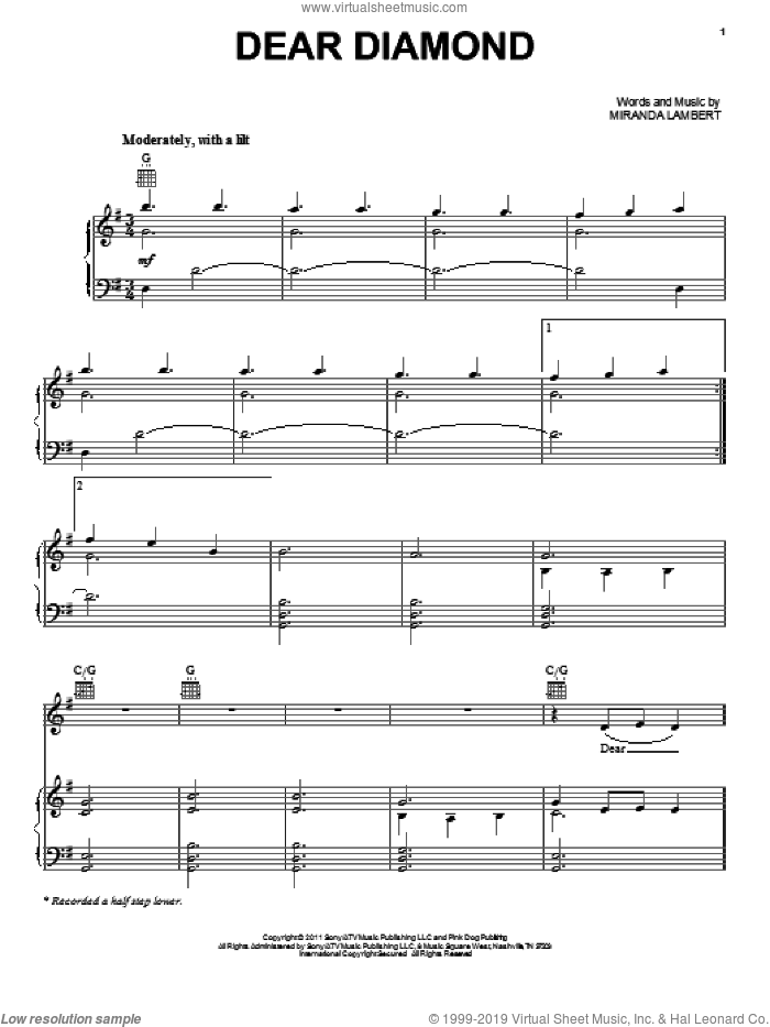 Dear Diamond sheet music for voice, piano or guitar by Miranda Lambert, intermediate skill level