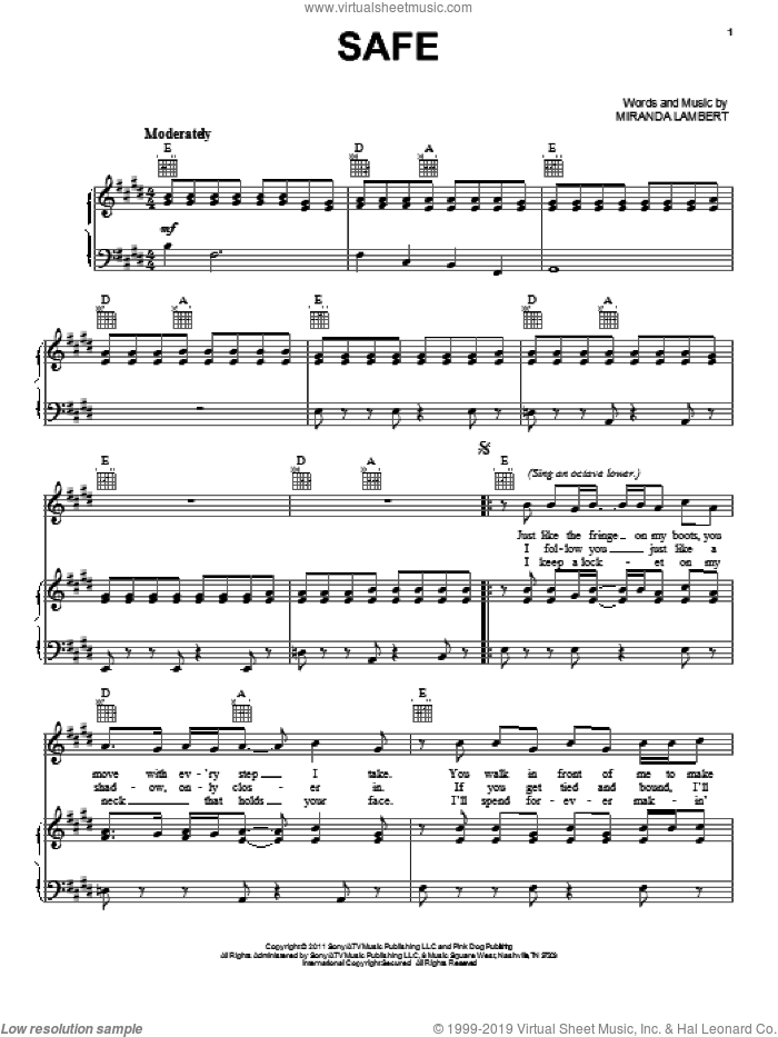Safe sheet music for voice, piano or guitar by Miranda Lambert, intermediate skill level