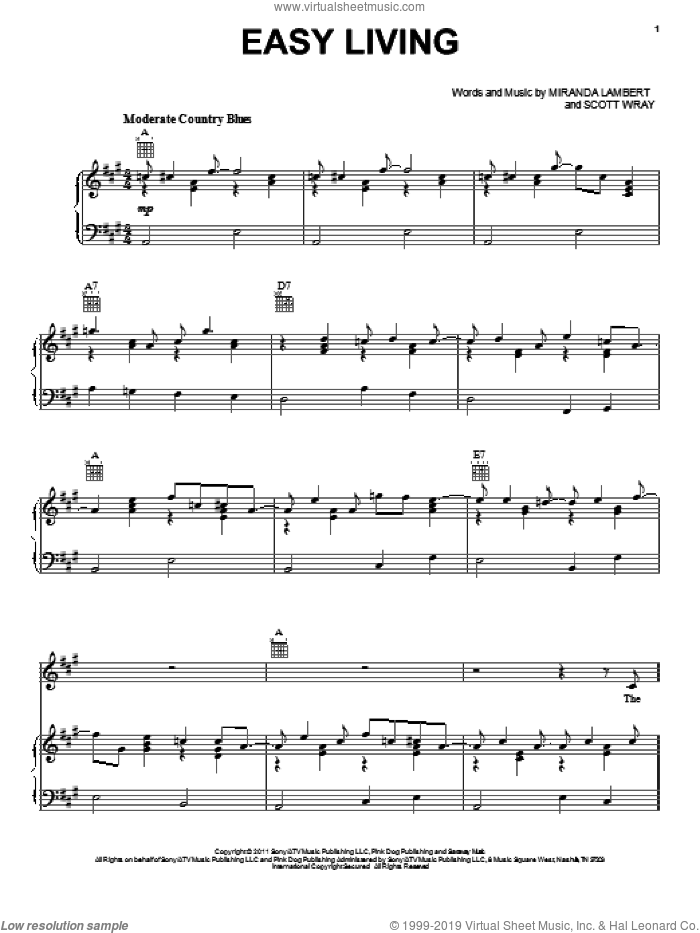 Easy Living sheet music for voice, piano or guitar by Miranda Lambert and Scott Wray, intermediate skill level