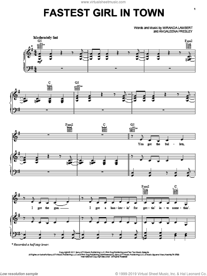 Fastest Girl In Town sheet music for voice, piano or guitar by Miranda Lambert and Angaleena Presley, intermediate skill level