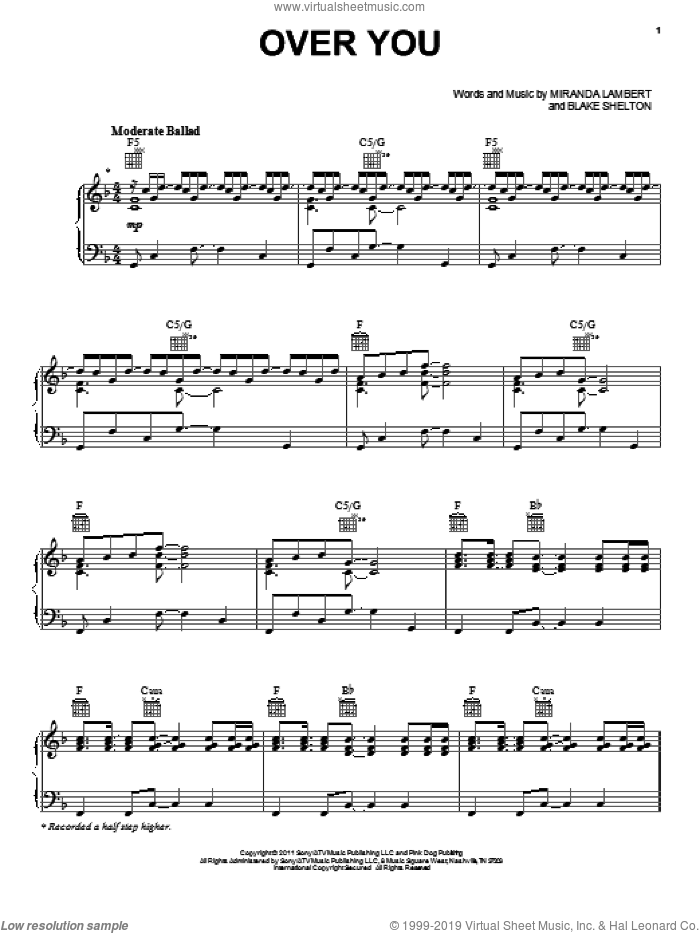 Over You sheet music for voice, piano or guitar by Miranda Lambert and Blake Shelton, intermediate skill level