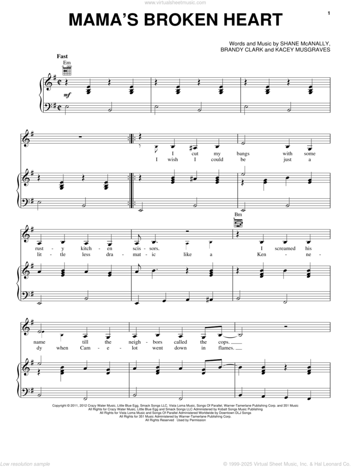 Mama's Broken Heart sheet music for voice, piano or guitar by Miranda Lambert, Brandy Clark, Kacey Musgraves and Shane McAnally, intermediate skill level