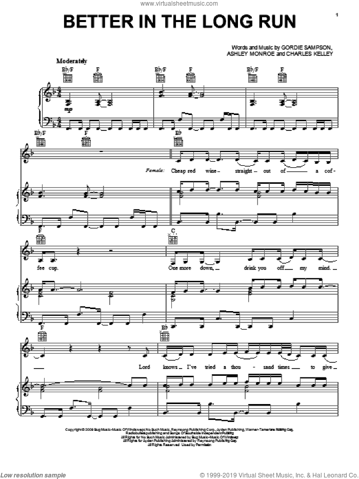 Better In The Long Run sheet music for voice, piano or guitar by Miranda Lambert, Ashley Monroe, Charles Kelley and Gordie Sampson, intermediate skill level