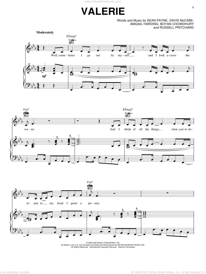 Valerie sheet music for voice, piano or guitar by Amy Winehouse, Abigail Harding, Boyan Chowdhury, David McCabe, Russell Pritchard and Sean Payne, intermediate skill level