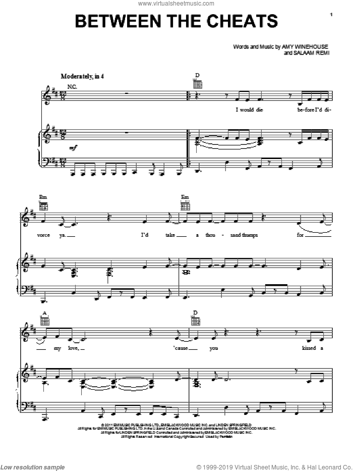 Between The Cheats sheet music for voice, piano or guitar by Amy Winehouse and Salaam Remi, intermediate skill level