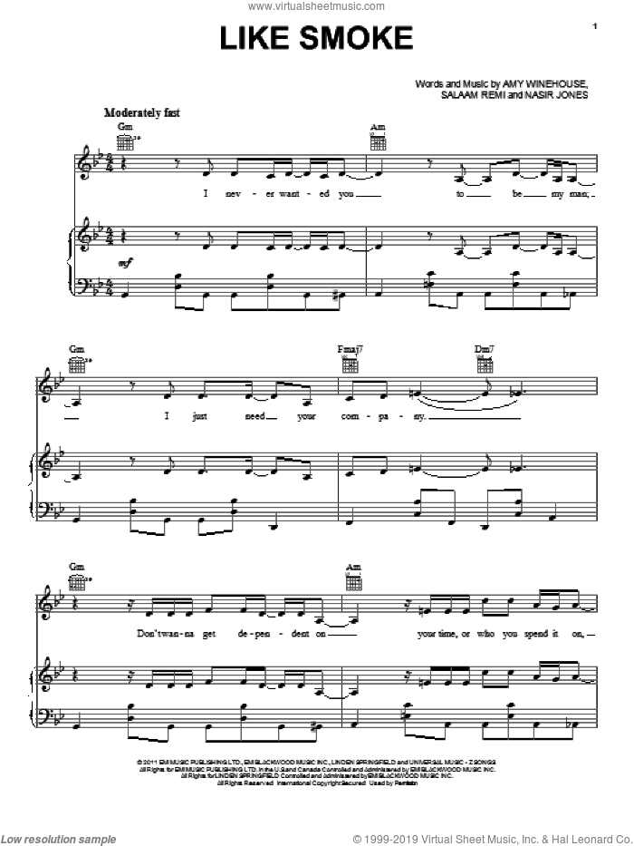 Like Smoke sheet music for voice, piano or guitar by Amy Winehouse, Nasir Jones and Salaam Remi, intermediate skill level