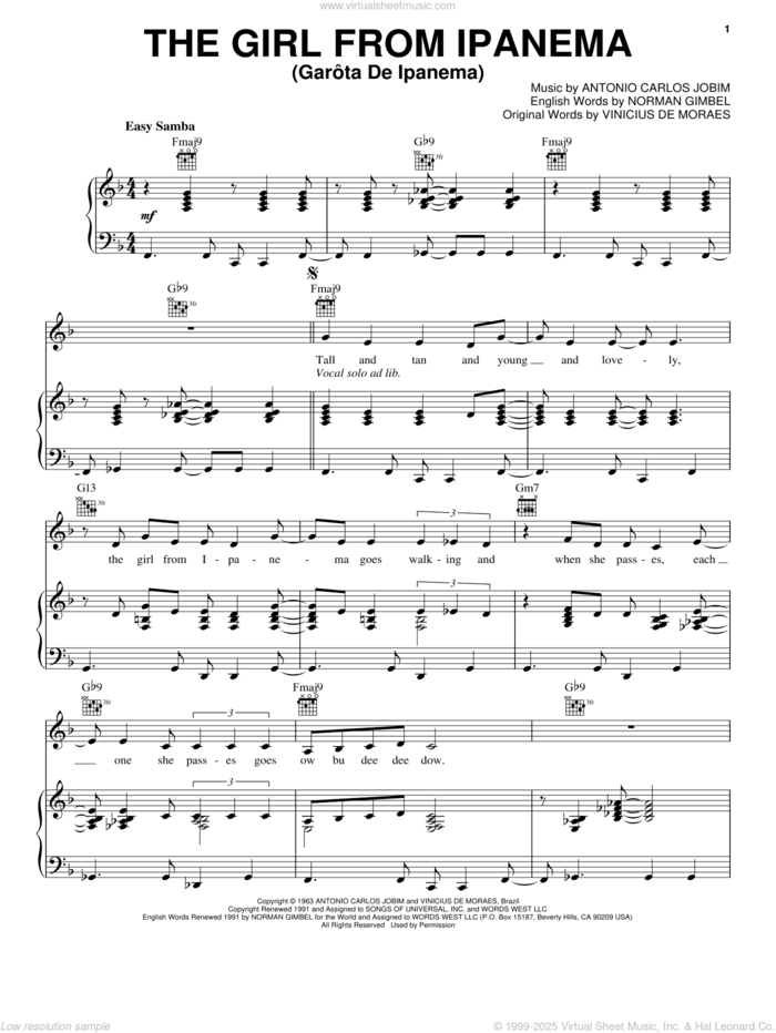 The Girl From Ipanema (GarA'ta De Ipanema) sheet music for voice, piano or guitar by Amy Winehouse, Antonio Carlos Jobim, Norman Gimbel, Stan Getz & Astrud Gilberto and Vinicius de Moraes, intermediate skill level