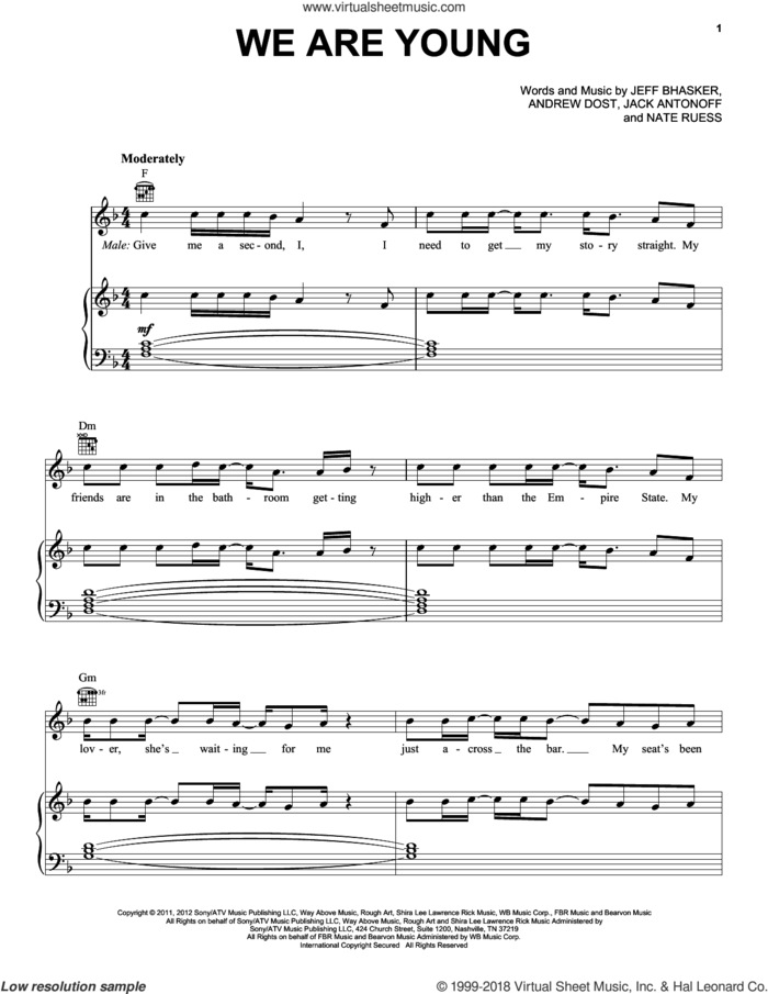 We Are Young sheet music for voice, piano or guitar by Jeff Bhasker, fun. featuring Janelle Monae, Andrew Dost, Fun, Jack Antonoff and Nathaniel Ruess, intermediate skill level