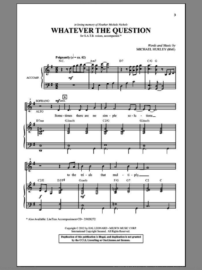 Whatever The Question sheet music for choir (SATB: soprano, alto, tenor, bass) by Michael Hurley, intermediate skill level