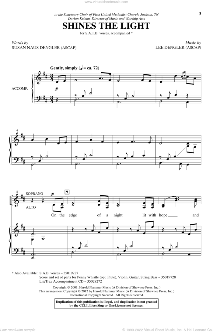 Shines The Light sheet music for choir (SATB: soprano, alto, tenor, bass) by Lee Dengler and Susan Naus Dengler, intermediate skill level