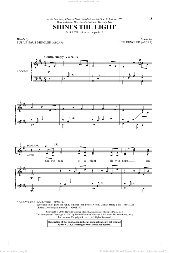 Shines The Light sheet music for choir (SATB: soprano, alto, tenor, bass) by Lee Dengler and Susan Naus Dengler, intermediate skill level