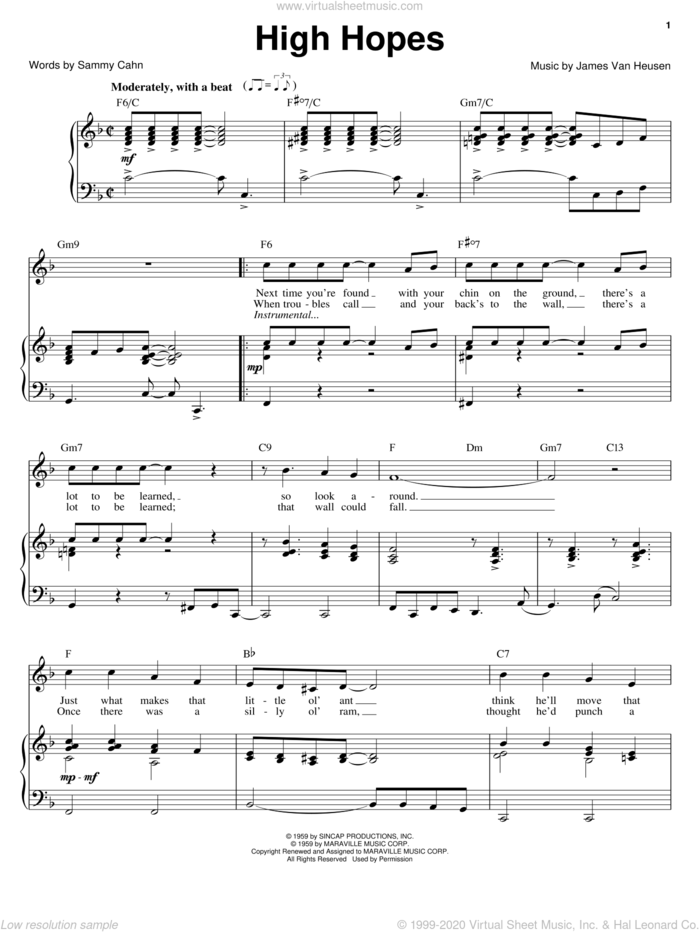 High Hopes sheet music for voice, piano or guitar by Frank Sinatra, Jimmy van Heusen and Sammy Cahn, intermediate skill level