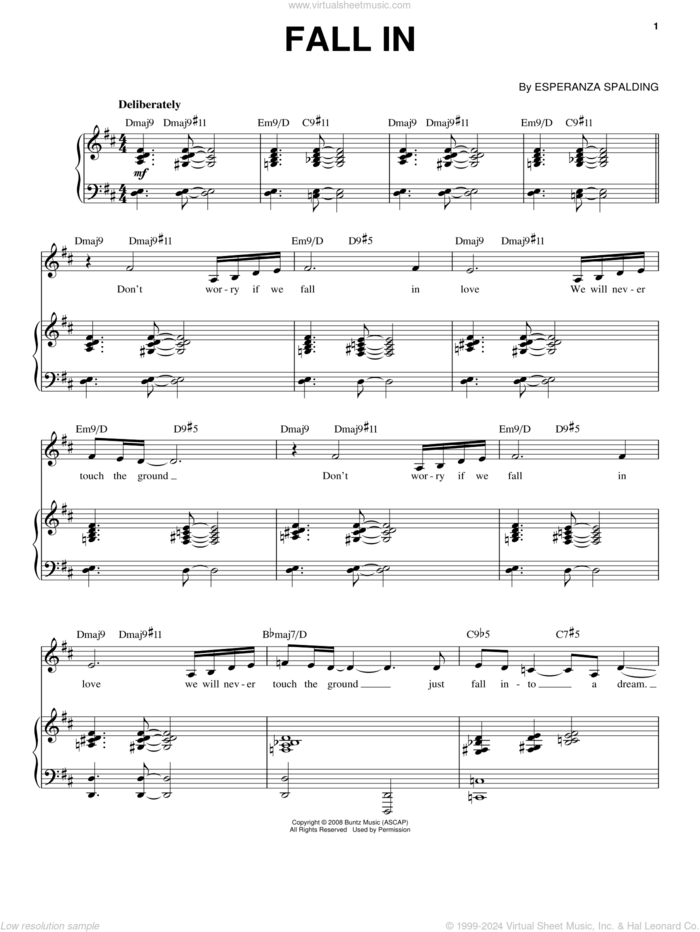 Fall In sheet music for voice and piano by Esperanza Spalding, intermediate skill level