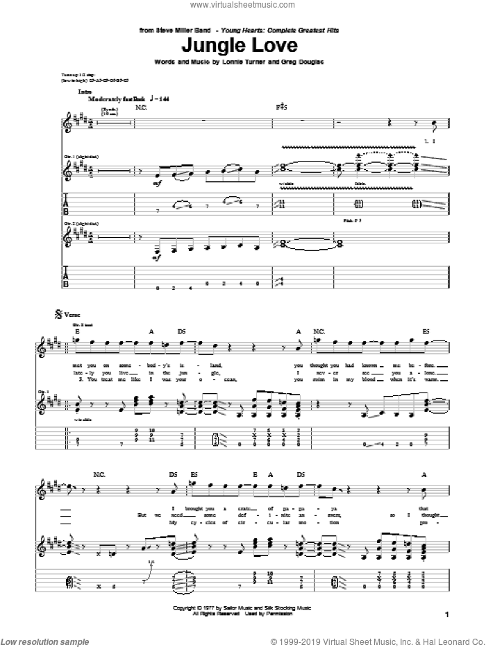 Jungle Love sheet music for guitar (tablature) by Steve Miller Band, Greg Douglas and Lonnie Turner, intermediate skill level