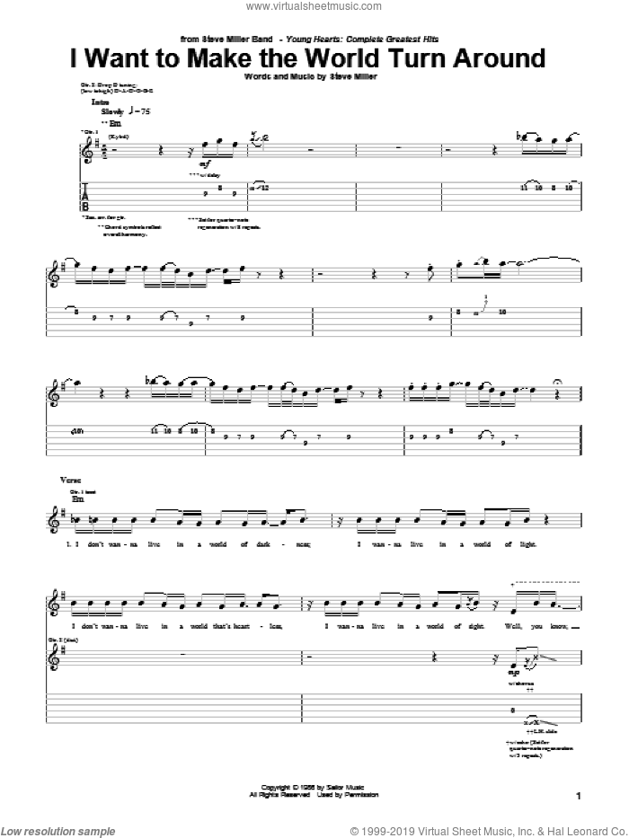 I Want To Make The World Turn Around sheet music for guitar (tablature) by Steve Miller Band and Steve Miller, intermediate skill level