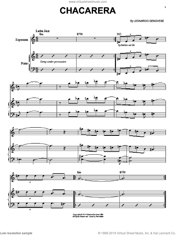 Chacarera sheet music for voice and piano by Esperanza Spalding and Leonardo Genovese, intermediate skill level