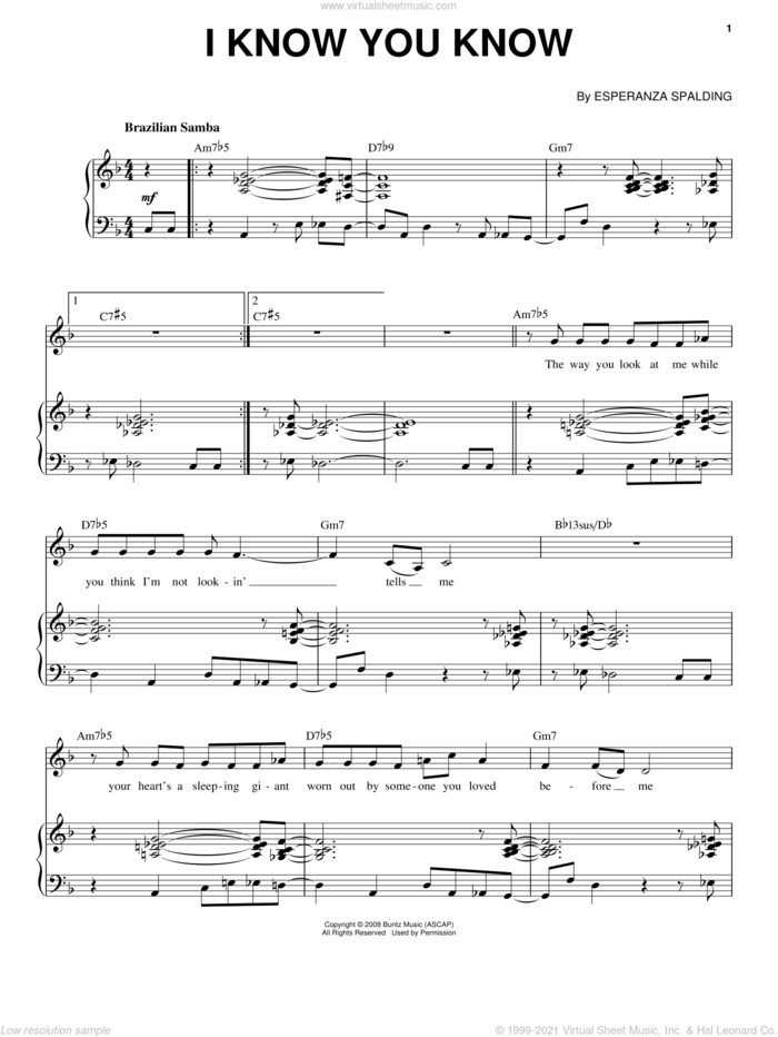 I Know You Know sheet music for voice and piano by Esperanza Spalding, intermediate skill level