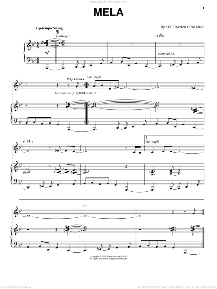 Mela sheet music for voice and piano by Esperanza Spalding, intermediate skill level