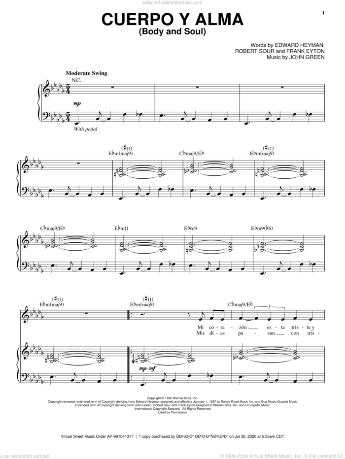 Cuerpo Y Alma (Body And Soul) sheet music for voice and piano by Esperanza Spalding, Edward Heyman, Frank Eyton, Johnny Green and Robert Sour, intermediate skill level