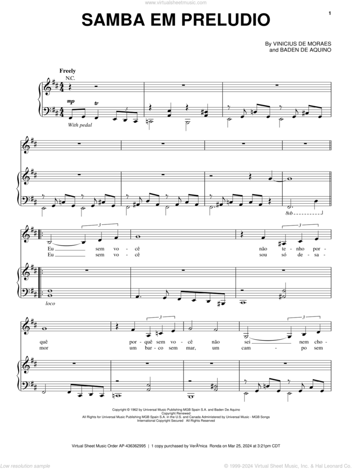 Samba Em Preludio sheet music for voice and piano by Esperanza Spalding, Baden De Aquino and Vinicius de Moraes, intermediate skill level