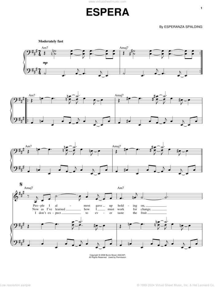 Espera sheet music for voice and piano by Esperanza Spalding, intermediate skill level