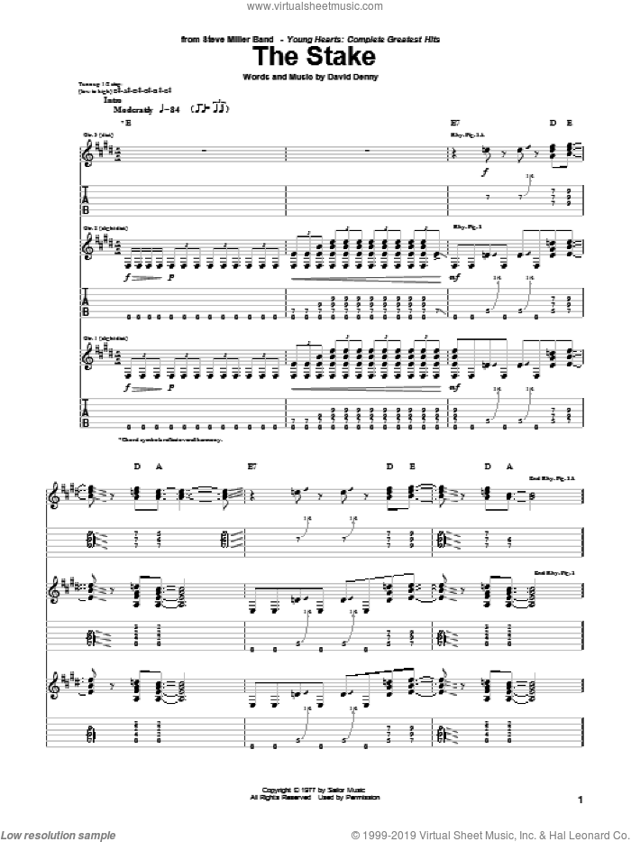 The Stake sheet music for guitar (tablature) by Steve Miller Band and David Denny, intermediate skill level