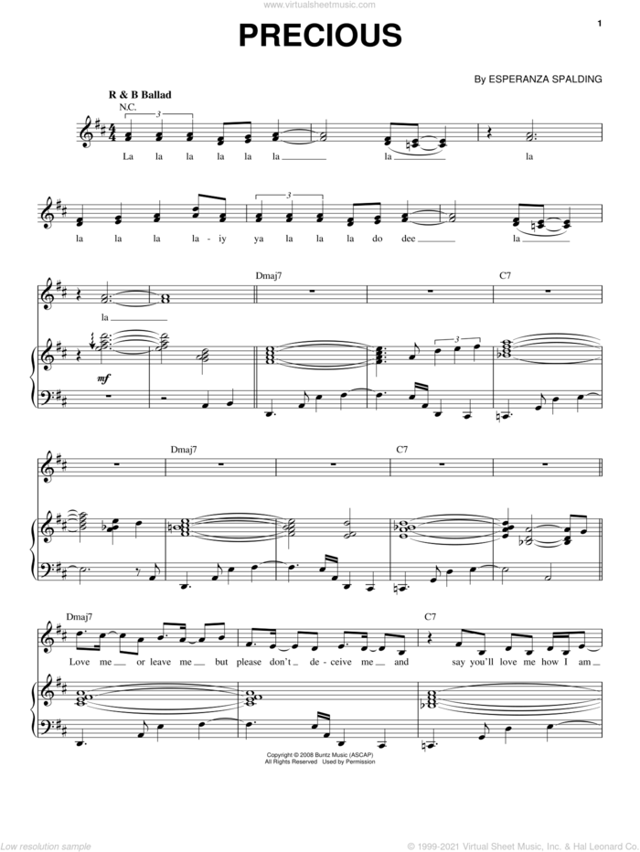 Precious sheet music for voice and piano by Esperanza Spalding, intermediate skill level