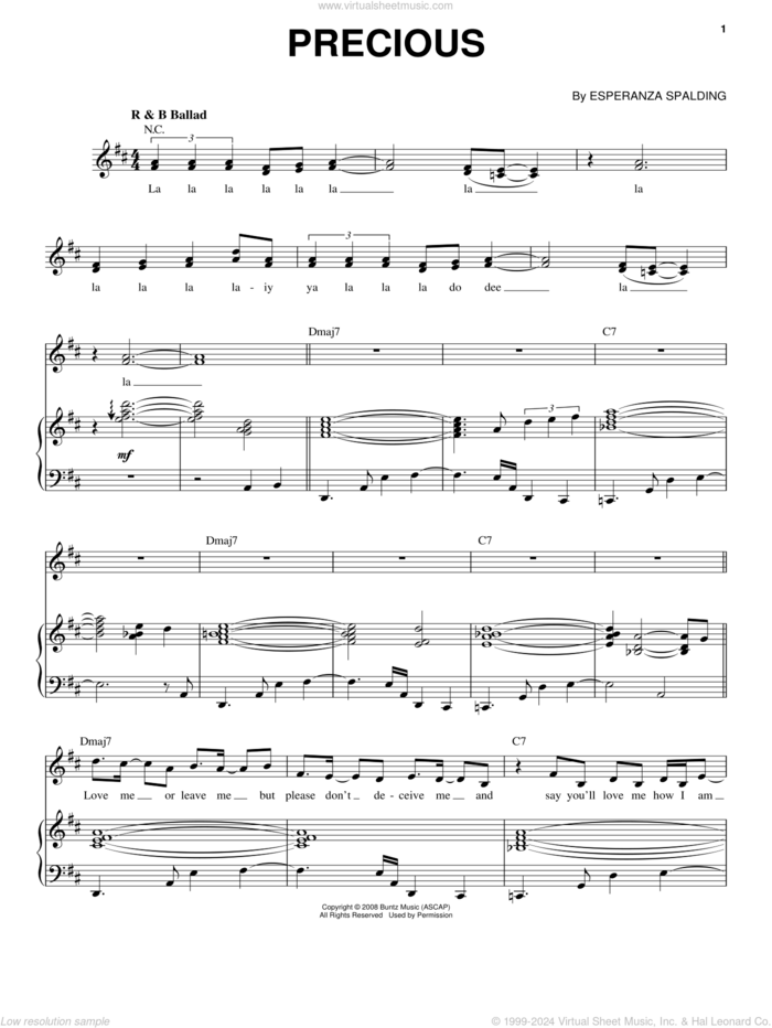 Precious sheet music for voice and piano by Esperanza Spalding, intermediate skill level