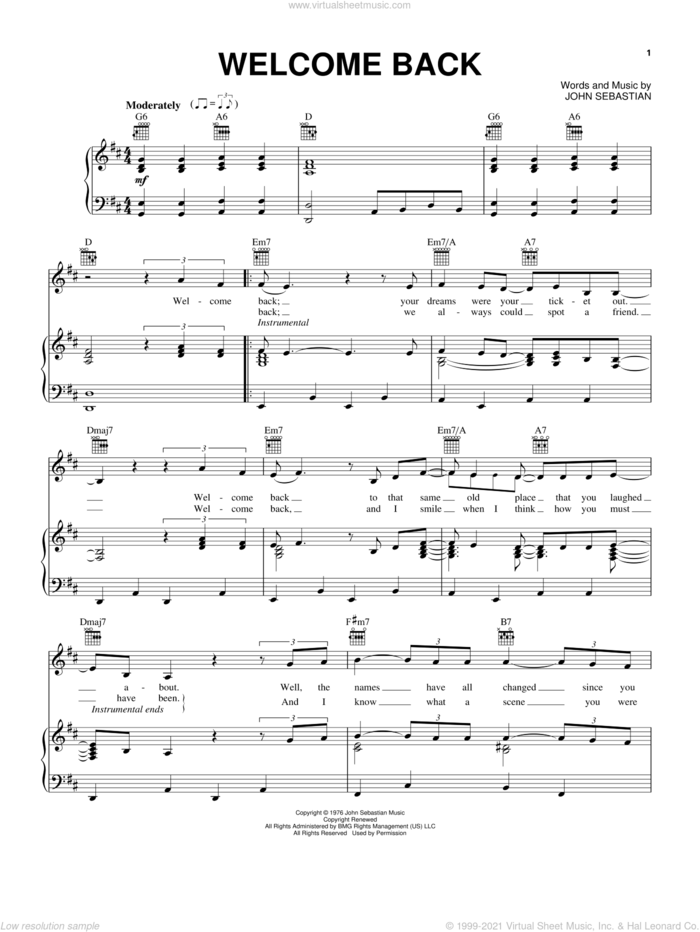 Welcome Back sheet music for voice, piano or guitar by John Sebastian, intermediate skill level