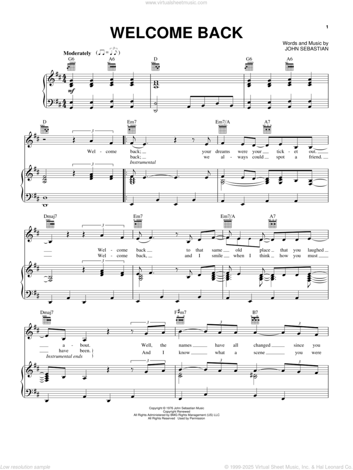 Welcome Back sheet music for voice, piano or guitar by John Sebastian, intermediate skill level