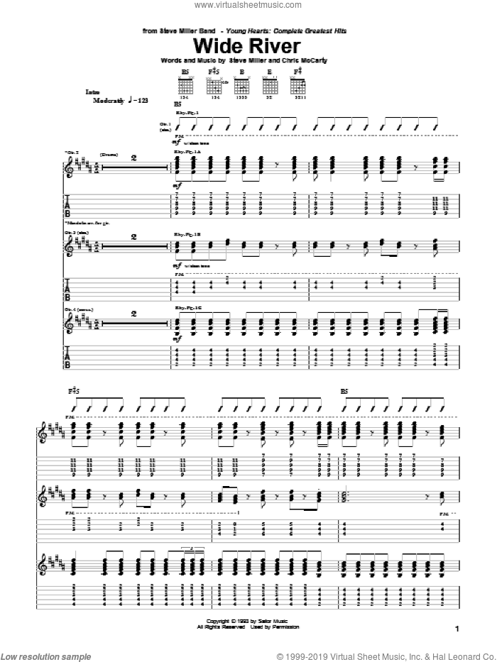 Wide River sheet music for guitar (tablature) by Steve Miller Band, Chris McCarty and Steve Miller, intermediate skill level