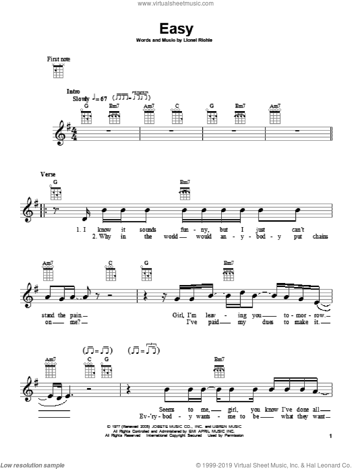 Easy sheet music for ukulele by The Commodores and Lionel Richie, intermediate skill level